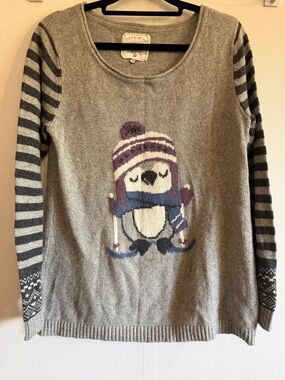 Faithful & True Mandalay Owl Ski Sweater Size 14 Wool Blend Striped Sleeve USA10